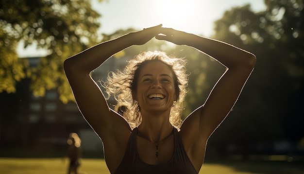 A woman with long hair is smiling and standing in a park