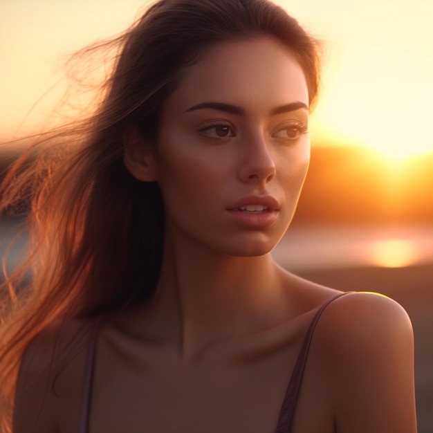 A woman with long hair is standing in front of a sunset.