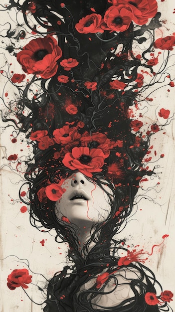 a woman with long hair is surrounded by black and red flowers