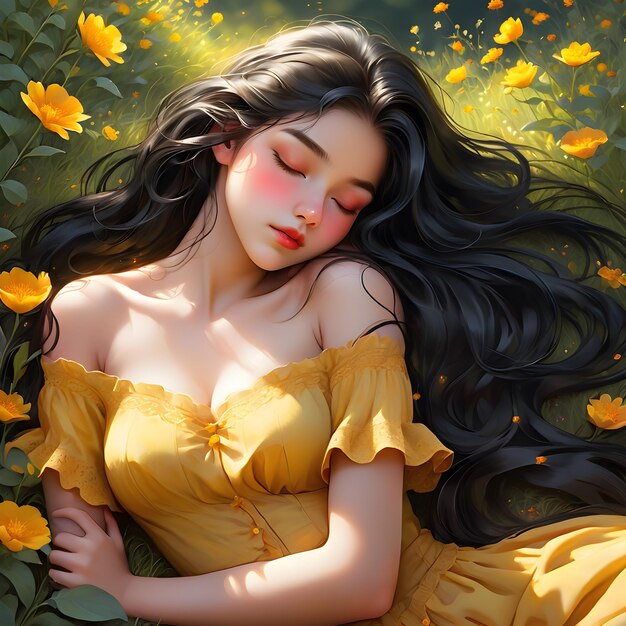 a woman with long hair laying in a field of flowers