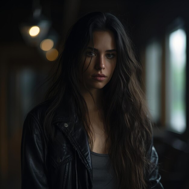 a woman with long hair and a leather jacket