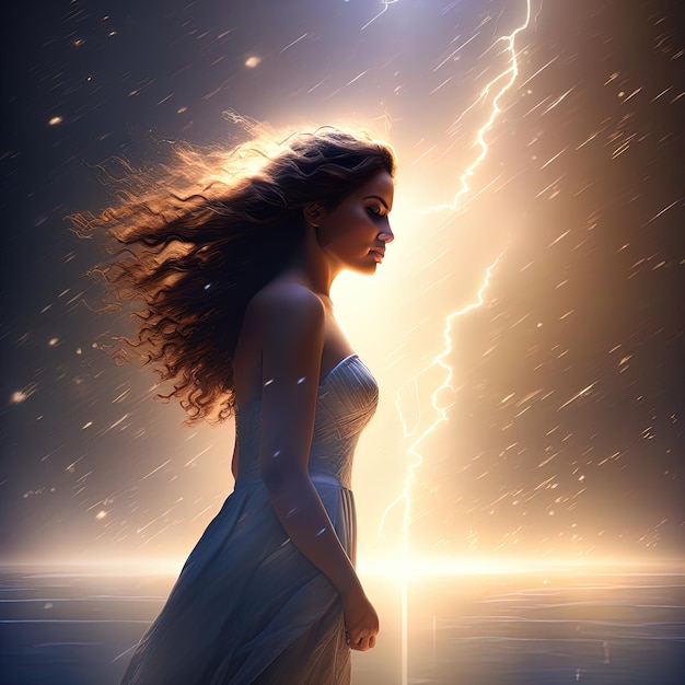 женщина с длинными волосами и молнией в ночном небе