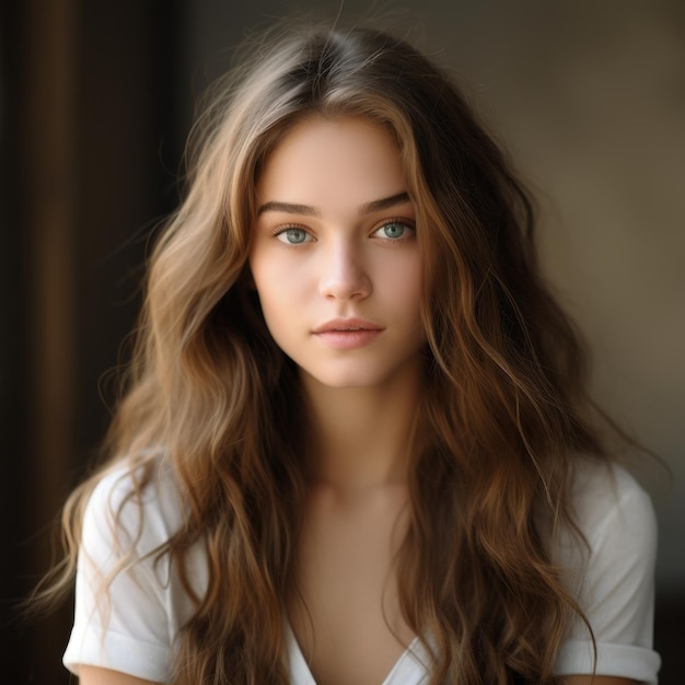 a woman with long hair looking at camera