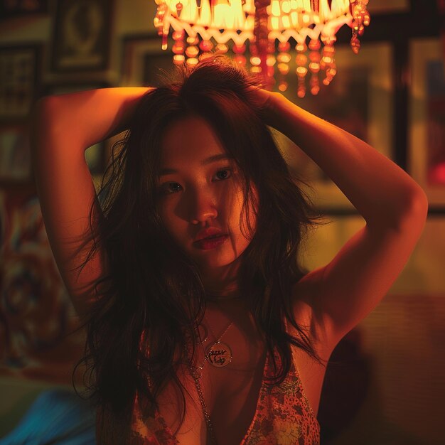 a woman with long hair and a necklace on her head is posing for a photo