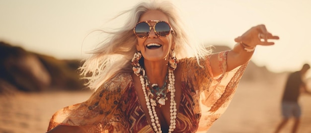 Foto una donna con i capelli lunghi e una collana sulla testa sta sorridendo