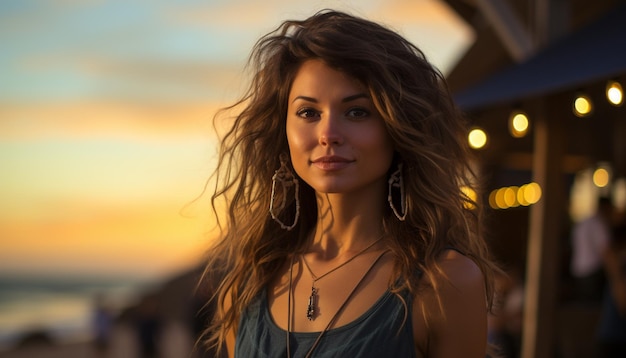 a woman with long hair and a necklace stands in front of a sunset background.