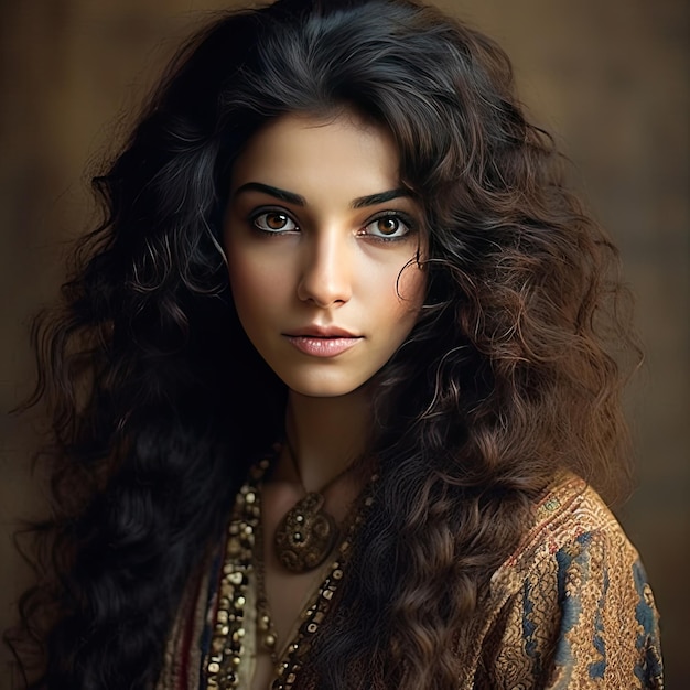 A woman with long hair and a necklace