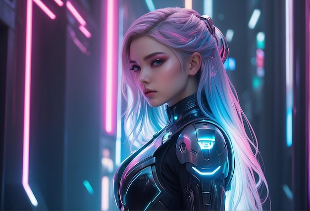 a woman with long hair and a neon blue and pink hair is standing in front of a neon sign that says  super hero