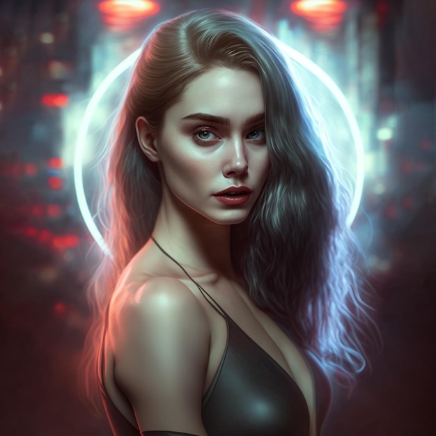 A woman with long hair and a neon circle in the background