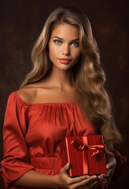 Photo woman with long hair posing for the camera holding a gift