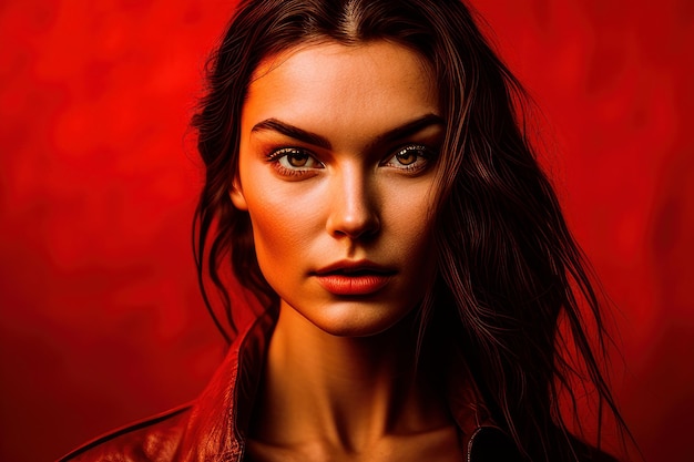 A woman with long hair and a red background