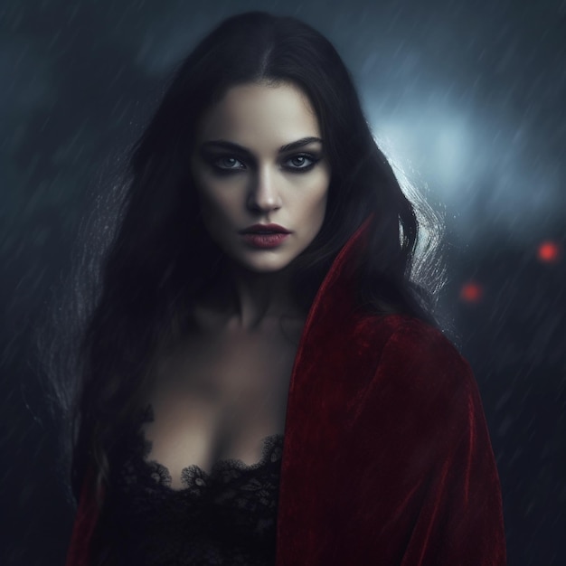 Premium AI Image | a woman with long hair and a red cape is standing in ...