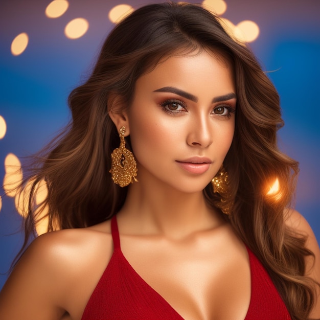 A woman with long hair and a red dress is posing for a photo.