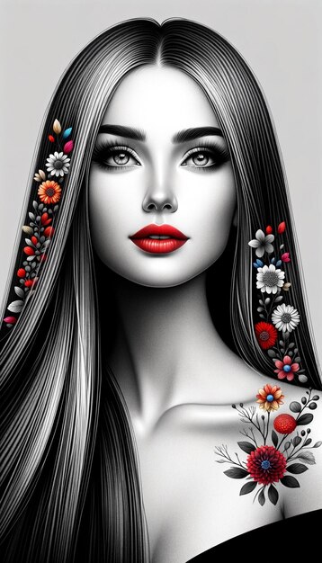 a woman with long hair and a red lips has flowers in her hair