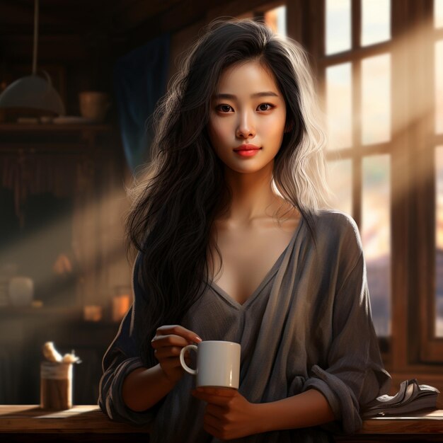 a woman with long hair and a red lips holds a cup of coffee.