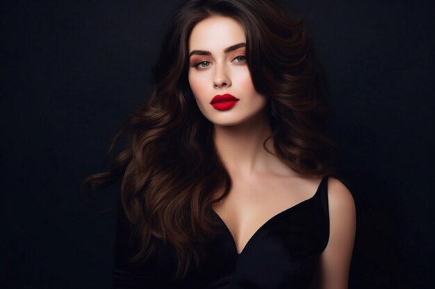 a woman with long hair and red lips is posing in front of a black background