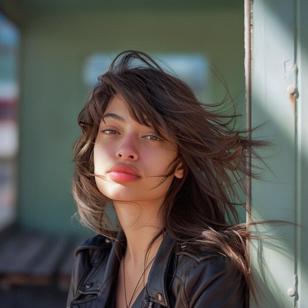 a woman with long hair and a red lipstick is standing outside