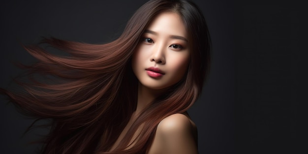 A woman with long hair and a red lipstick
