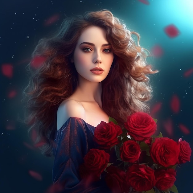 a woman with long hair and a red rose in her hair.