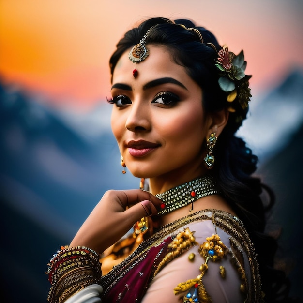 A woman with long hair and a red saree is posing for a photo