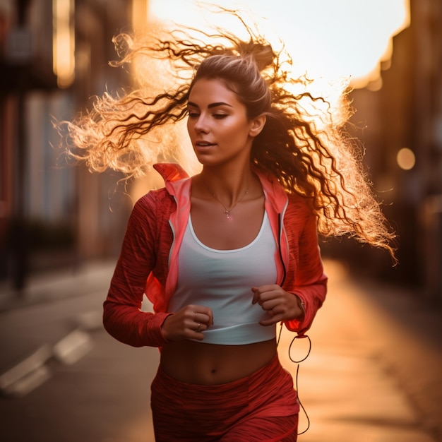 a woman with long hair runs in the street