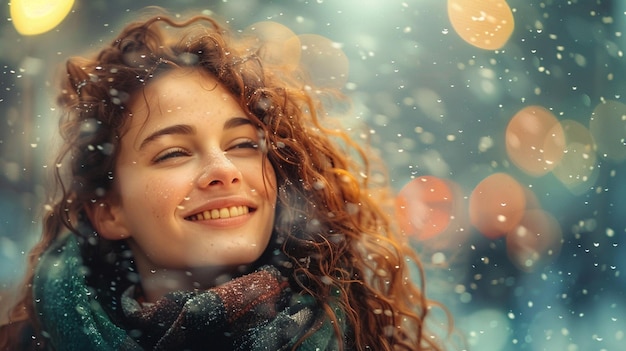 Photo a woman with long hair and a scarf is smiling and the snow is falling