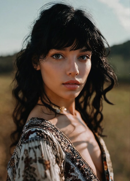 Photo a woman with long hair and a shirt with a design on the front