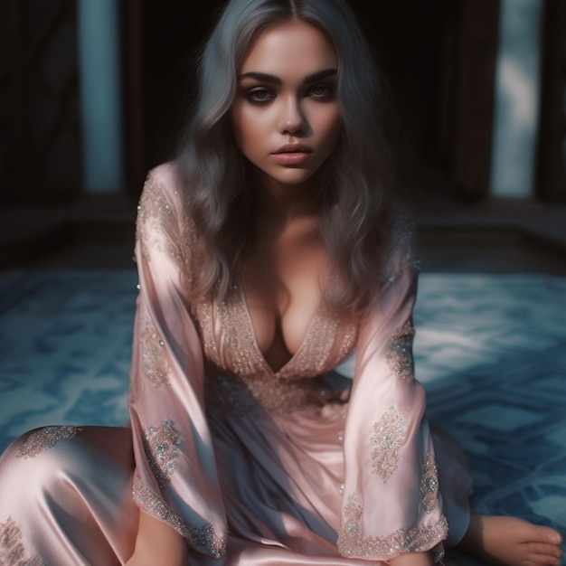 a woman with long hair sits on a carpet with a black and white photo of a woman wearing a dress