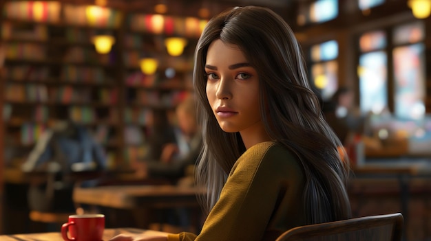 Photo a woman with long hair sits in a chair in a library