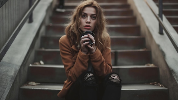 Photo a woman with long hair sits on a flight of stairs