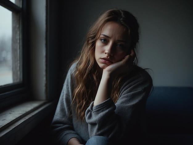 Photo a woman with long hair sits on a window sill