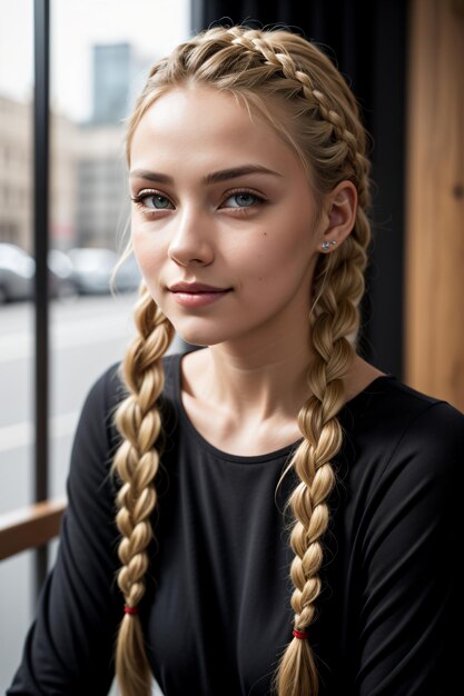 Photo a woman with long hair sitting in front of a window with a phone in her hand