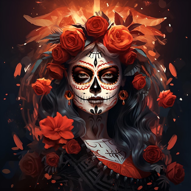 a woman with long hair and a skull and red roses.