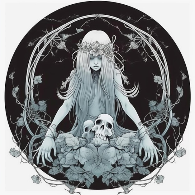 a woman with long hair and a skull sits in a circle surrounded by vines generative ai