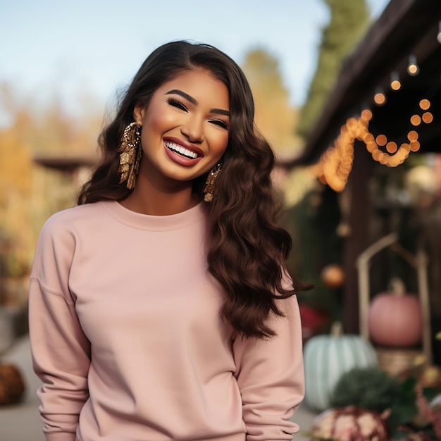 a woman with long hair and a smile that says " she is smiling ".