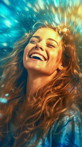 푸른 물 배경 앞에서 긴 머리를 하고 미소를 짓고 있는 여성.
