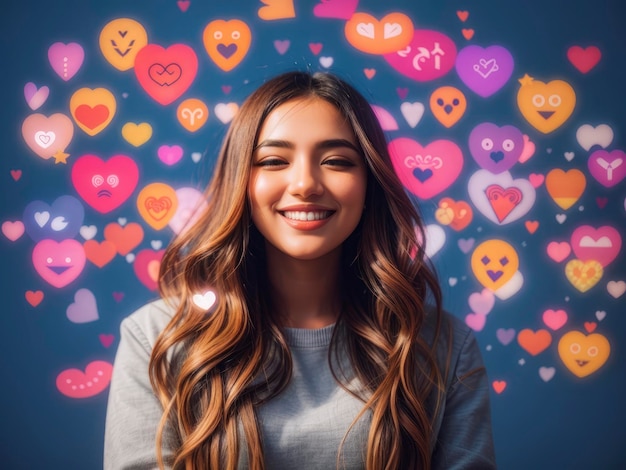 a woman with long hair smiling in front of a wall of hearts