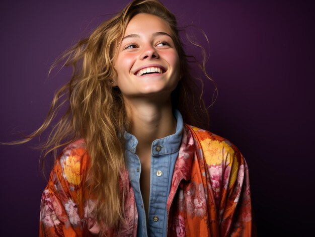 Woman With Long Hair Smiling and Looking Up