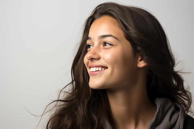 a woman with long hair smiling and looking up