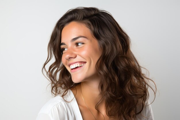 a woman with long hair smiling and wearing a necklace