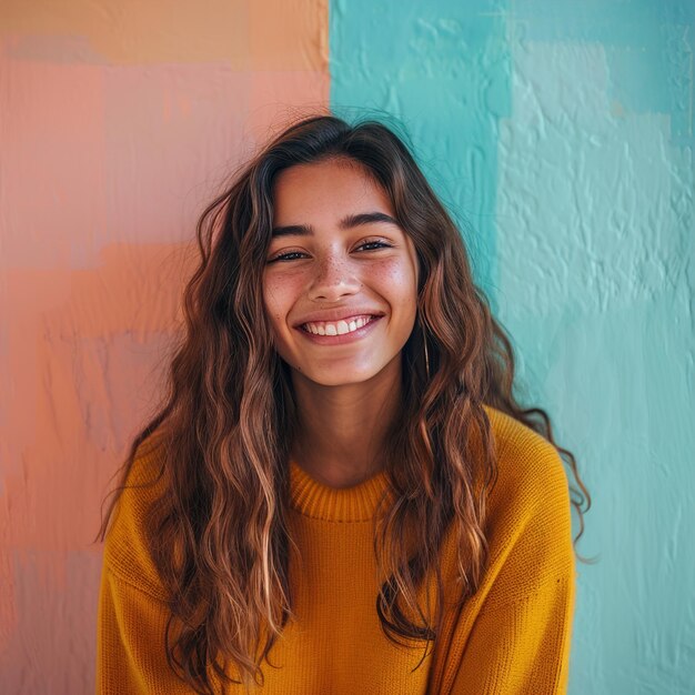 Foto una donna con i capelli lunghi che sorride e indossa un maglione giallo