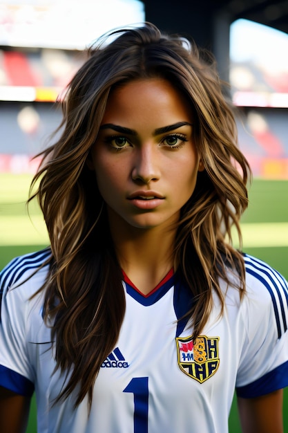 a woman with long hair and a soccer jersey