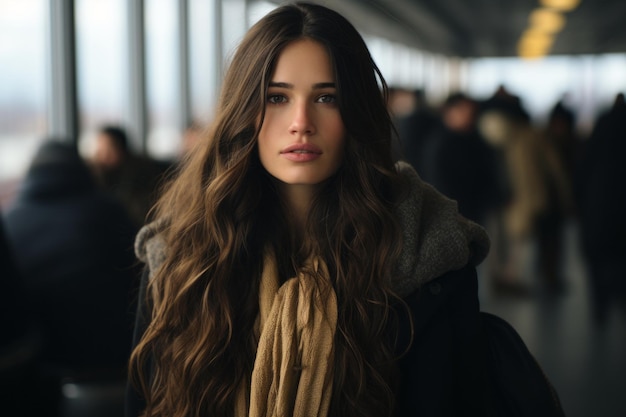 a woman with long hair standing in an airport