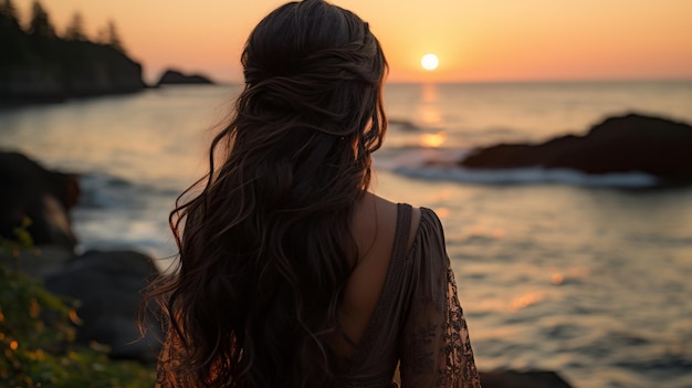 A woman with long hair standing by the ocean at sunset