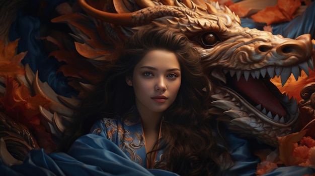 Photo woman with long hair standing next to dragon
