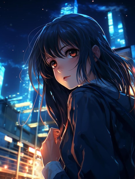 Photo a woman with long hair standing in front of a city at night