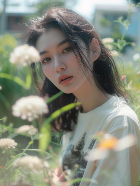 a woman with long hair standing in front of flowers