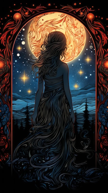 a woman with long hair standing in front of a full moon