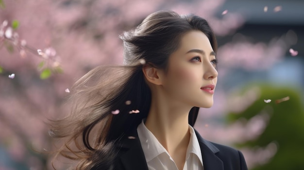 Woman With Long Hair Standing in Front of Pink Flowers