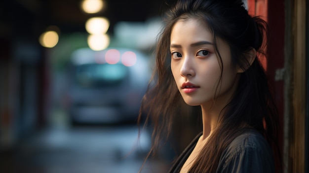 a woman with long hair standing in front of a wall